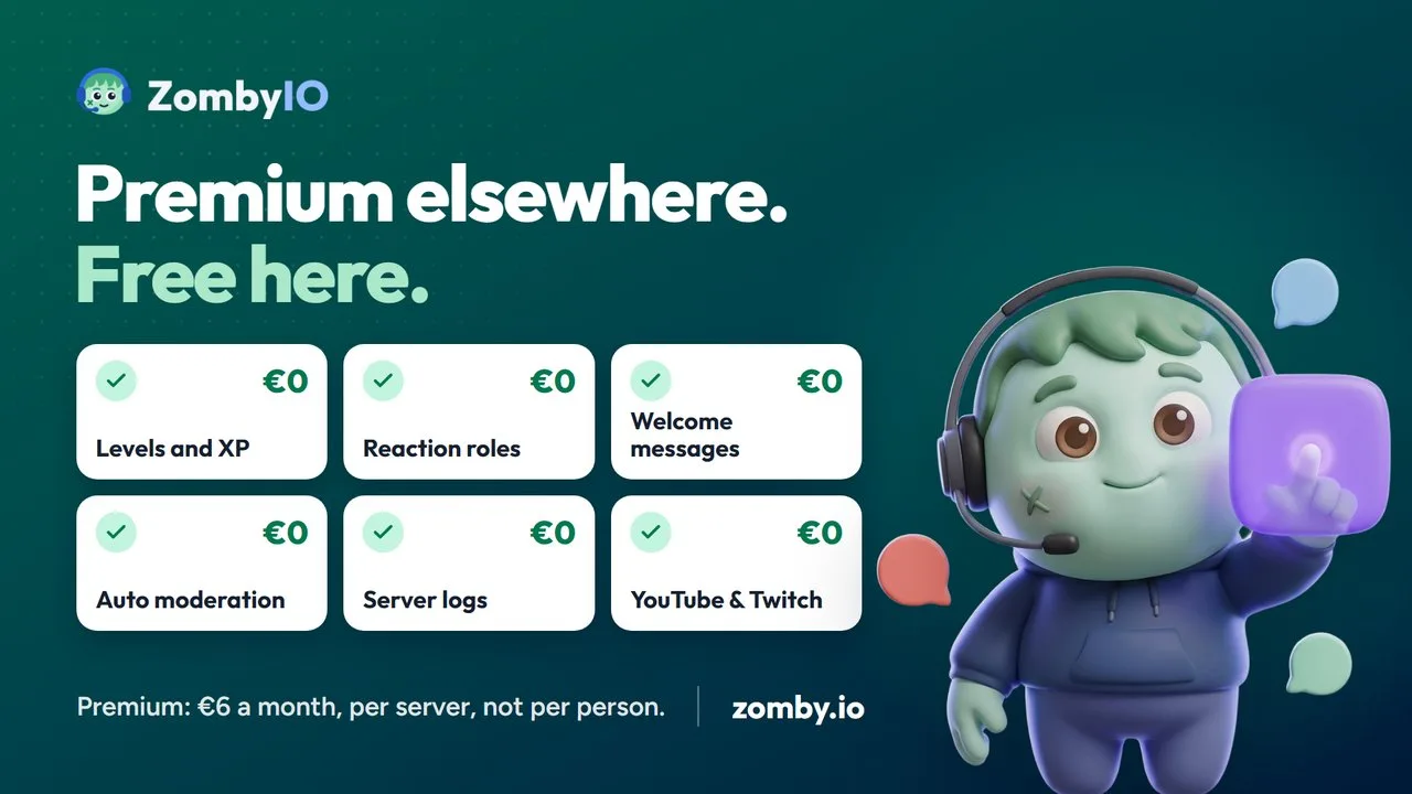 Levels, reaction roles, welcome messages, automod, logs and stream alerts at 0 EUR